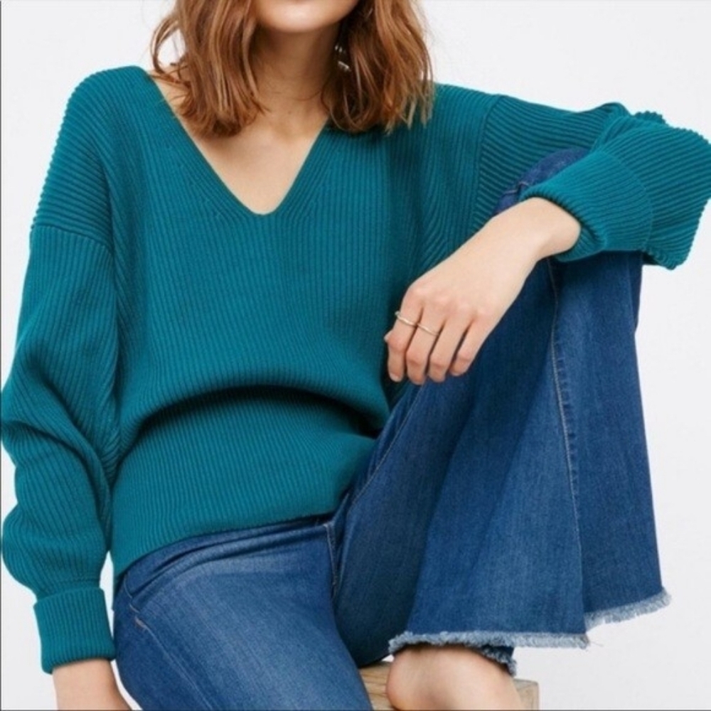 FREE PEOPLE Allure Pullover V-neck Sweater Ribbed Slouchy Teal Emerald Small